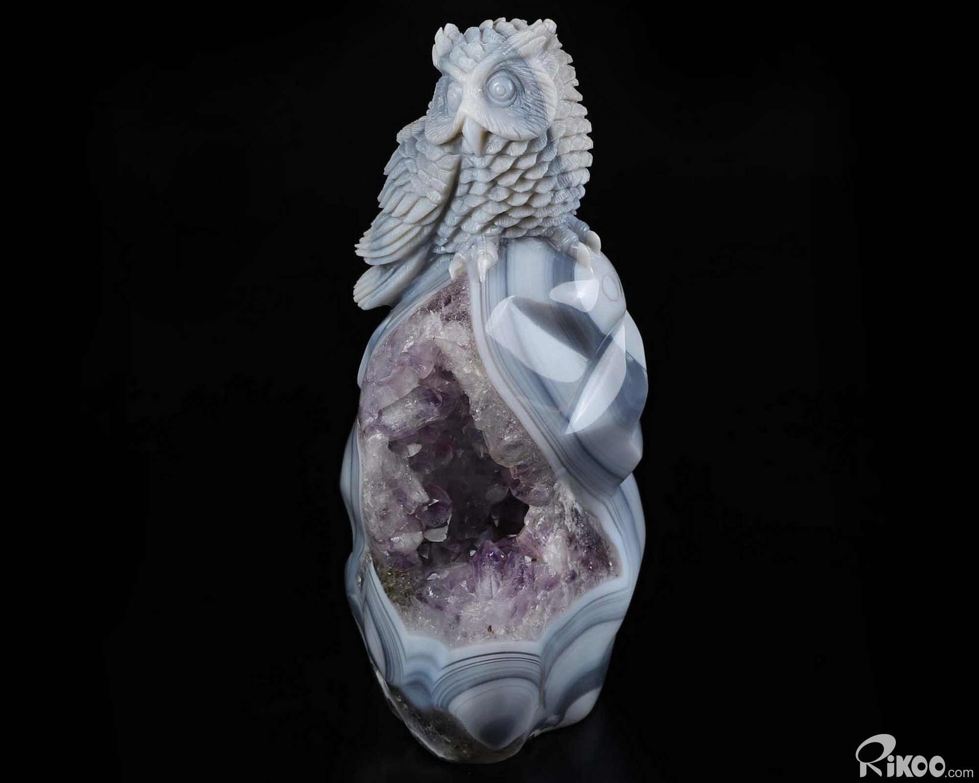 Huge 7.0" Agate Amethyst Geode Carved Crystal Owl Sculpture, Crystal Healing Huge 7.0" Agate Amethyst Geode Carved Crystal Owl Sculpture, Crystal Healing