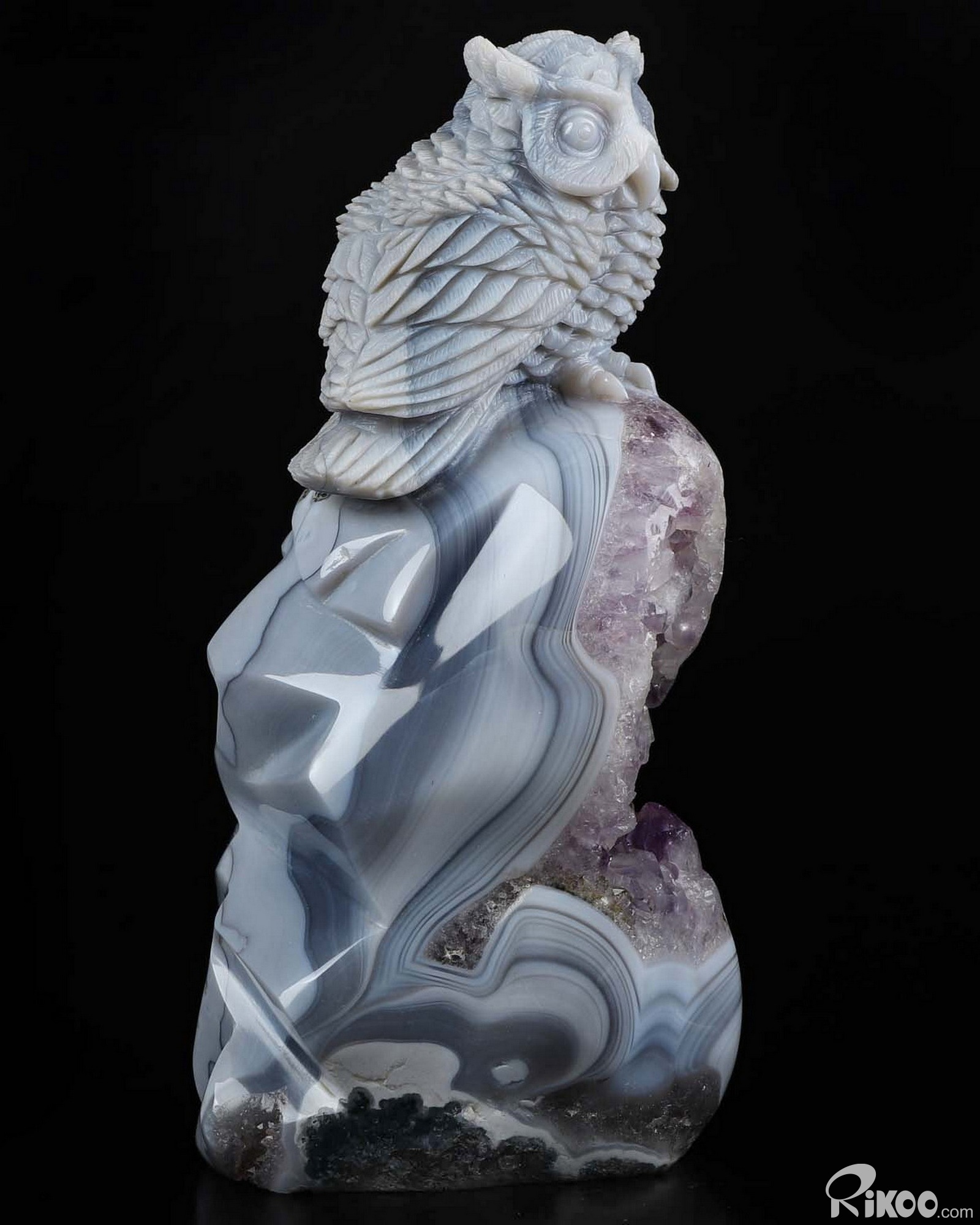 Huge 7.0" Agate Amethyst Geode Carved Crystal Owl Sculpture, Crystal Healing Huge 7.0" Agate Amethyst Geode Carved Crystal Owl Sculpture, Crystal Healing
