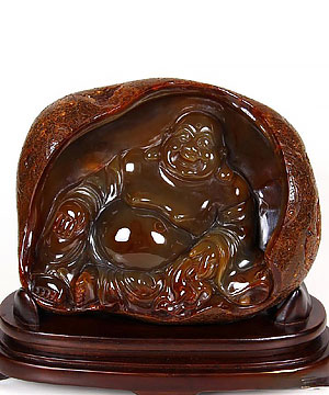 AMAZING, 8.1" Carnelian Carved Crystal Laughing Buddha Sculpture