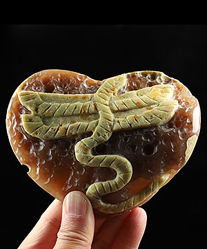 5.1" Agate Geode Hand Carved Crystal Heart Feathered Serpent Sculpture, Crystal Healing