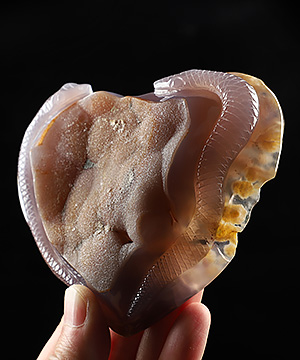 4.8" Agate Geode Hand Carved Crystal Heart with Snake Sculpture, Crystal Healing