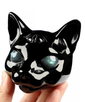 3.9" Black Obsidian Hand Carved Crystal Egyptian Cat Head with Labradorite Eyes Sculpture, Crystal Healing