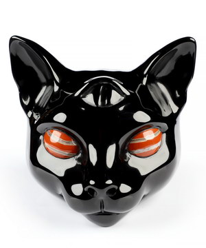 3.9" Black Obsidian Hand Carved Crystal Egyptian Cat Head with Red Jaser Eyes Sculpture, Crystal Healing