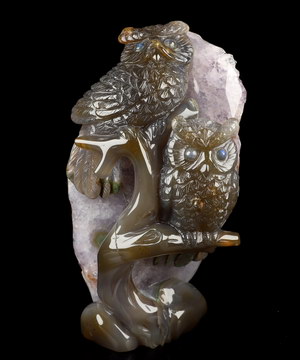 6.9" Agate Amethyst Druse Hand Carved Crystal Owls Sculpture, Crystal Healing