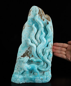 8.7" Blue Aragonite Hand Carved Crystal Nine-Tailed Fox Sculpture, Crystal Healing