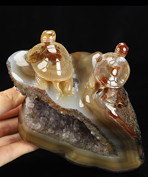 Tideborn Twin Turtles! 4.7" Agate Amethyst Geode Hand Carved Crystal Turtles Sculpture, Crystal Healing