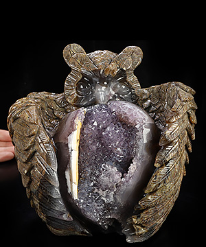 8.3" Dinosaur Egg Agate Hand Carved Crystal Owl Sculpture, Crystal Healing