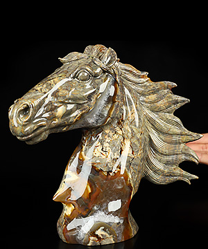 7.1" Dinosaur Egg Agate Hand Carved Crystal Horse Sculpture, Crystal Healing