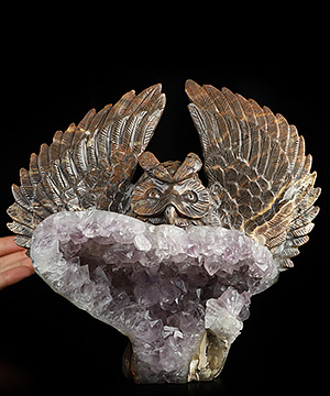 8.5" Dinosaur Egg Agate Hand Carved Crystal Owl Sculpture, Crystal Healing