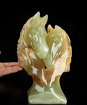 8.2" Afghanistan Jade Hand Carved Crystal Twin Horses Sculpture, Crystal Healing