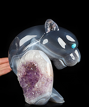 6.3" Agate Amethyst Geode Hand Carved Crystal Leopard Sculpture, Crystal Healing