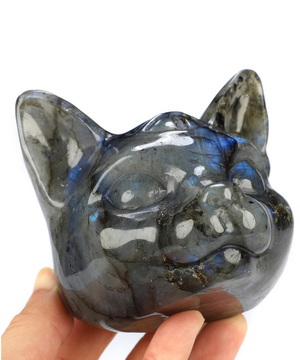 3.9" Labradorite Hand Carved Crystal  Egyptian Cat Head Sculpture, Crystal Healing