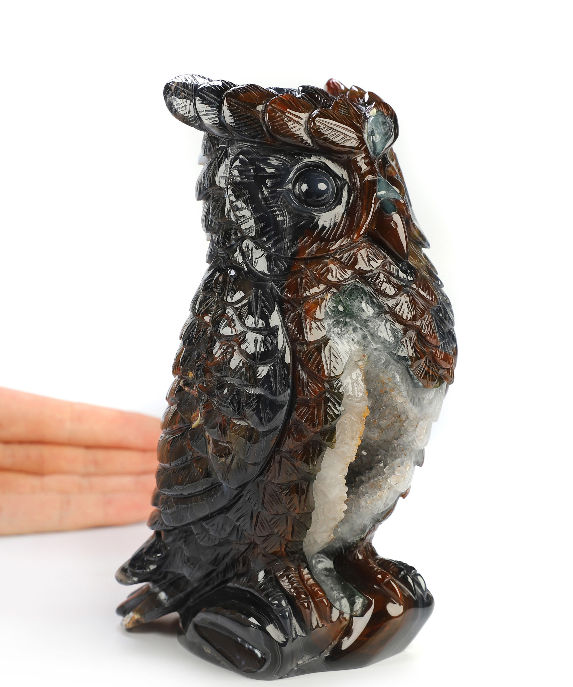 6.3" Premium Brazilian Agate Hand Carved Crystal Owl Sculpture, Crystal Healing