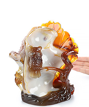 6.7" Premium Brazilian Agate Amethyst Geode Hand Carved Crystal Owl Sculpture, Crystal Healing