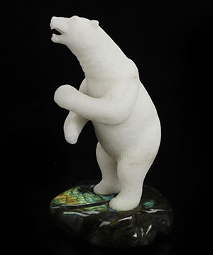 5.9" White Jade Hand Carved Crystal Polar Bear & Labradorite Stand Sculpture, Crystal Healing