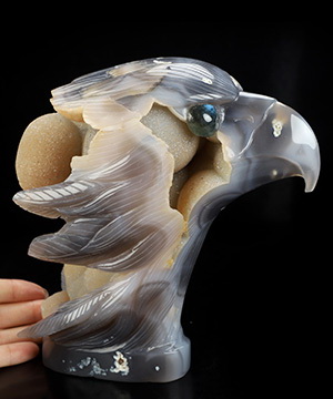6.9" Agate Geode Hand Carved Crystal Eagle Sculpture, Crystal Healing
