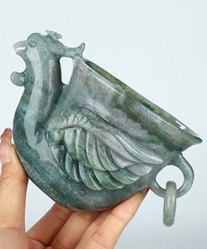 5.2" Green Moss Agate Hand Carved Crystal Phoenix Cup, Crystal Healing