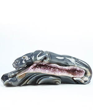 10.8" Agate Amethyst Druse Hand Carved Crystal Leopard Sculpture, Crystal Healing