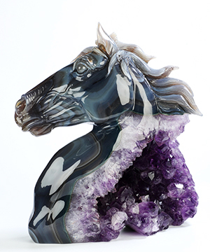 7.7" Agate Amethyst Geode Hand Carved Crystal Horse Sculpture, Crystal Healing