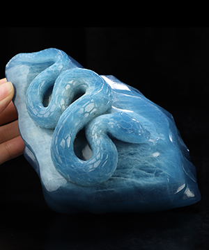 Gemstone 4.9" Aquamarine Hand Carved Crystal Snake Sculpture, Crystal Healing
