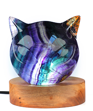 4.7" Fluorite Hand Carved Hollow Crystal Cat Head Sculpture Lamp/Light with Led Stand, Crystal Healing