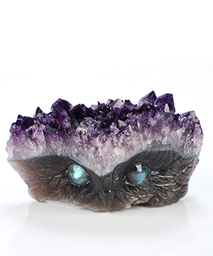 5.7" Agate Amethyst Druse Hand Carved Crystal Owl Sculpture, Crystal Healing