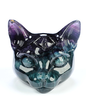 3.9" Fluorite Hand Carved Crystal Egyptian Cat Head Sculpture, Crystal Healing
