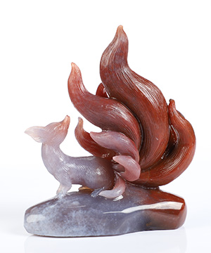 4.1" Indian Agate Hand Carved Crystal Nine-Tailed Fox Sculpture, Crystal Healing