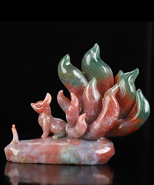 4.8" Indian Agate Hand Carved Crystal Nine-Tail Fox Sculpture, Crystal Healing