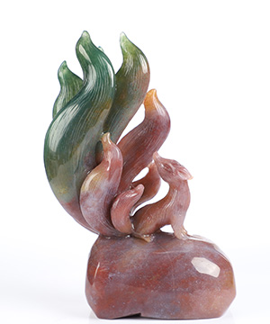 5.0" Indian Agate Hand Carved Crystal Nine-Tailed Fox Sculpture, Crystal Healing