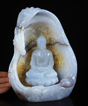 8.0" Blue Chalcedony Hand Carved Crystal Kwan-yin and Dragon Sculpture, Crystal Healing