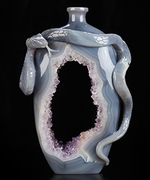 9.6" Agate Amethyst Geode Hand Carved Crystal Vase & Snake Sculpture, Crystal Healing