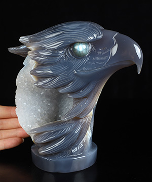 6.3" Agate Geode Hand Carved Crystal Eagle and Labradorite Eyes Sculpture, Crystal Healing