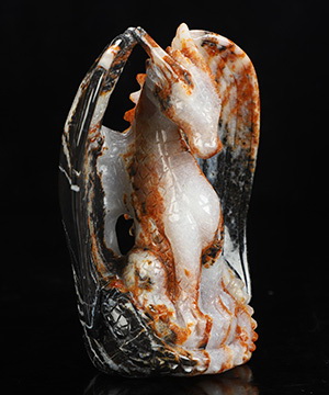 4.7" Black Zebra Agate Hand Carved Crystal Dragon Sculpture, Crystal Healing