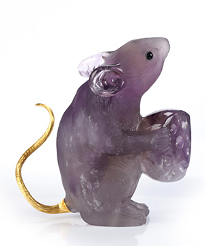Cuddle of Cheesy Curdle - Gemstone 3.7" Amethyst  Hand Carved Crystal Mouse and 18K Gold Plated 925 Silver Tail, Crystal Healing