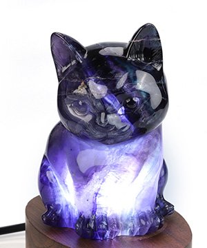 Paw Sparkles - 4.9" Fluorite Hand Carved Hollow Crystal Cat Sculpture Lamp/Light, Crystal Healing