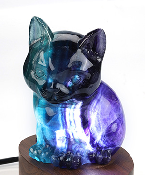 Paw Sparkles - 4.9" Fluorite Hand Carved Hollow Crystal Cat Sculpture Lamp/Light, Crystal Healing