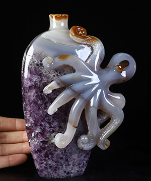 6.9" Agate Geode Hand Carved Crystal Octopus Vase Sculpture, Crystal Healing