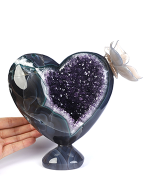 7.7" Agate Amethyst Geode Hand Carved Crystal Heart Butterfly Sculpture, Crystal Healing