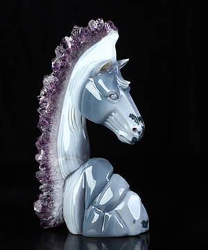 7.5" Agate Amethyst Geode Hand Carved Crystal Horse Sculpture, Crystal Healing