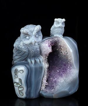 5.5" Agate Amethyst Geode Hand Carved Crystal Owl Sculpture, Crystal Healing