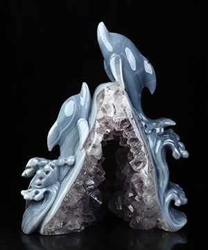 6.6" Agate Amethyst Geode Hand Carved Crystal Dolphin Sculpture, Crystal Healing