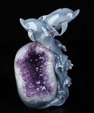 6.3" Agate Amethyst Geode Hand Carved Crystal Dolphin Sculpture, Crystal Healing