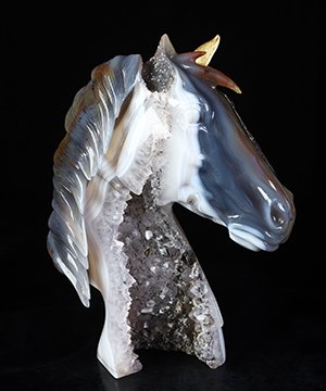 7.4" Agate Amethyst Geode Hand Carved Crystal Horse Sculpture, 925 sterling silver 18k gold plated ear