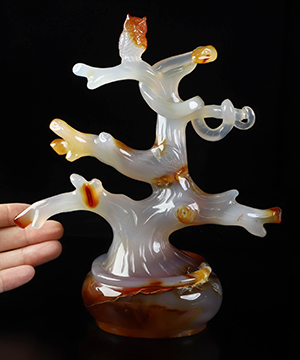 7.1" Carnelian Hand Carved Crystal Owl & Snake on the Tree Sculpture, Crystal Healing