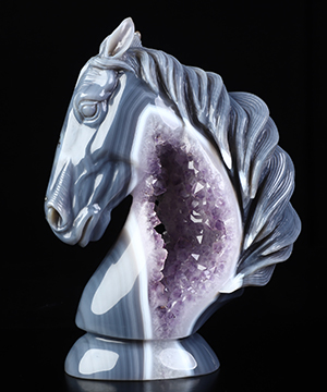 Stunning! 7.6" Agate Amethyst Geode Hand Carved Crystal Horse Sculpture, Crystal Healing