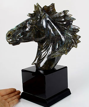 Labradorite Carved Crystal Horse Sculpture with Black Obsidian Base