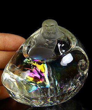 STUNNING RAINBOWS CLEAR 2.9" Citrine Carved Crystal Buddha
