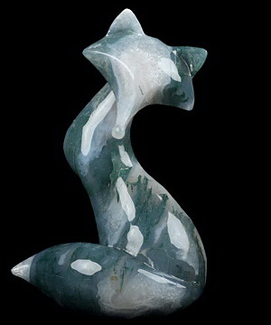 4.1" Green Moss Agate Hand Carved Crystal Fox Sculpture, Crystal Healing