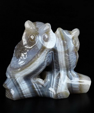 Gray & White Agate 5.2" Indian Agate Carved Owl Crystal Owls Family, Realistic, Crystal Healing